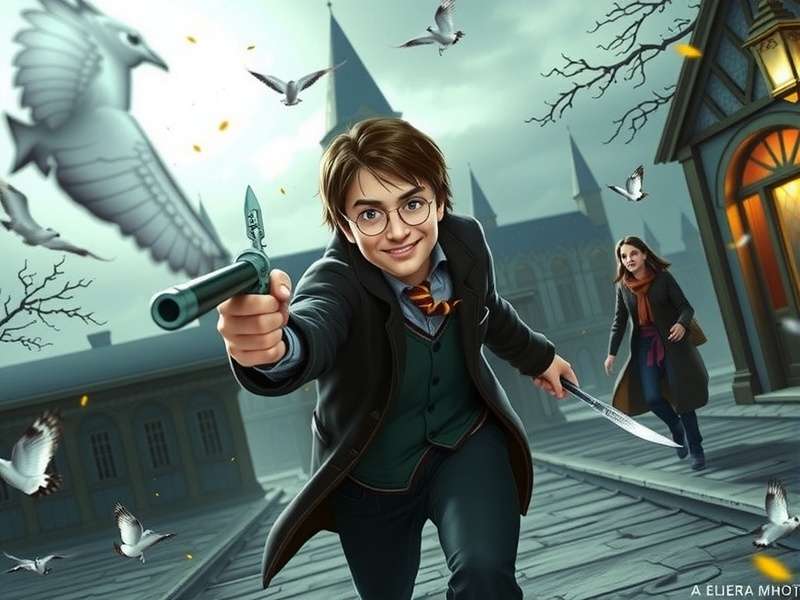 Concept art for the new Harry Potter game 2026 showing a wizard dueling in a dynamic magical environment