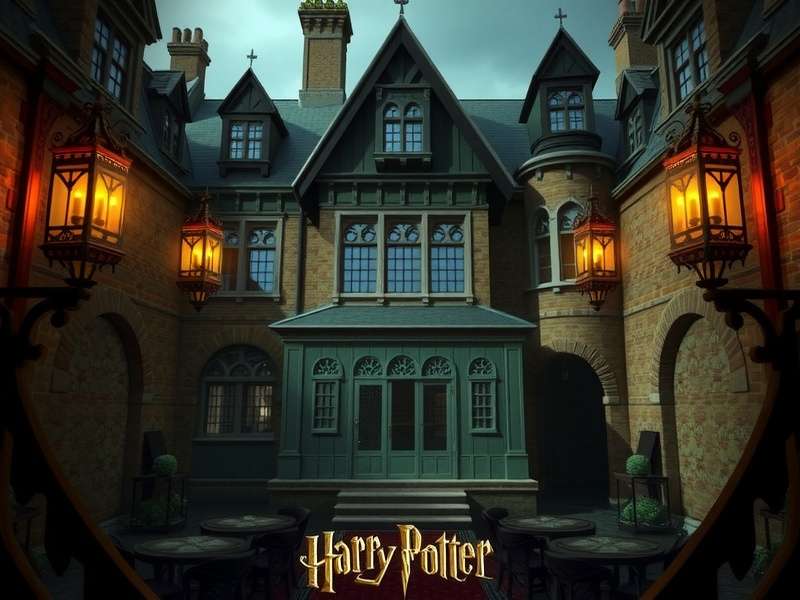 A mystical Hogwarts castle scene with glowing house crests