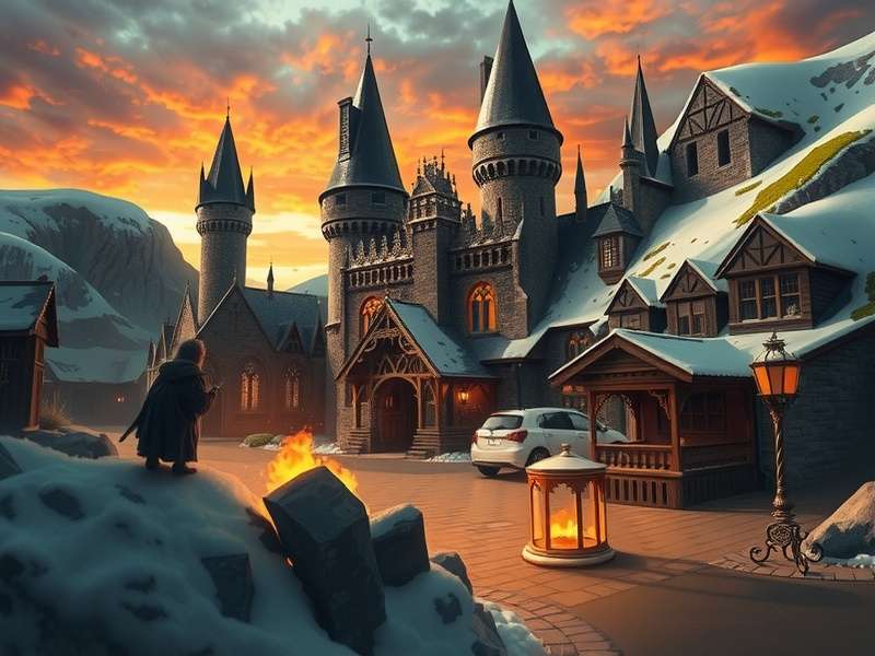 Majestic gothic castle representing Hogwart, with glowing windows against a twilight sky