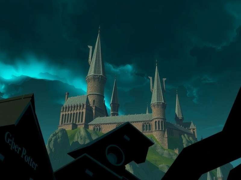 Hogwarts Castle at sunset, magical aura glowing