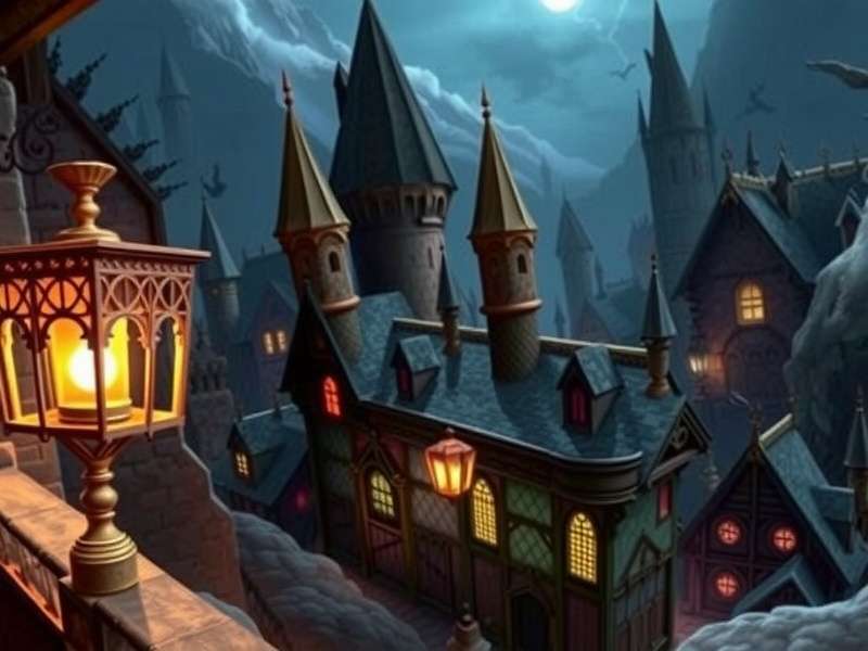 Hogwarts Castle at dusk in Hogwarts Legacy video game