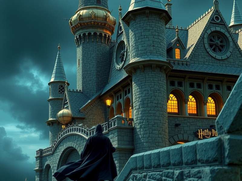Magical Hogwarts castle illustration with glowing lights
