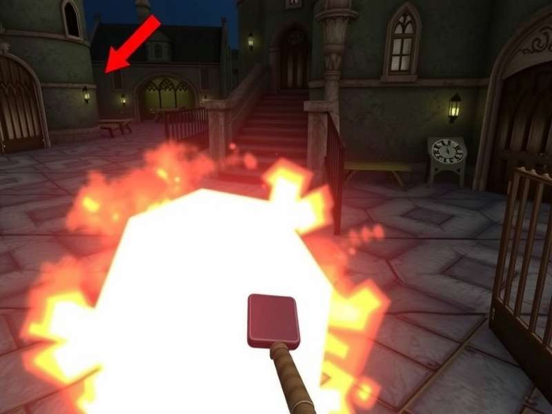 Harry Potter PS5 Multiplayer Duel Scene - Two wizards casting spells in Hogwarts courtyard