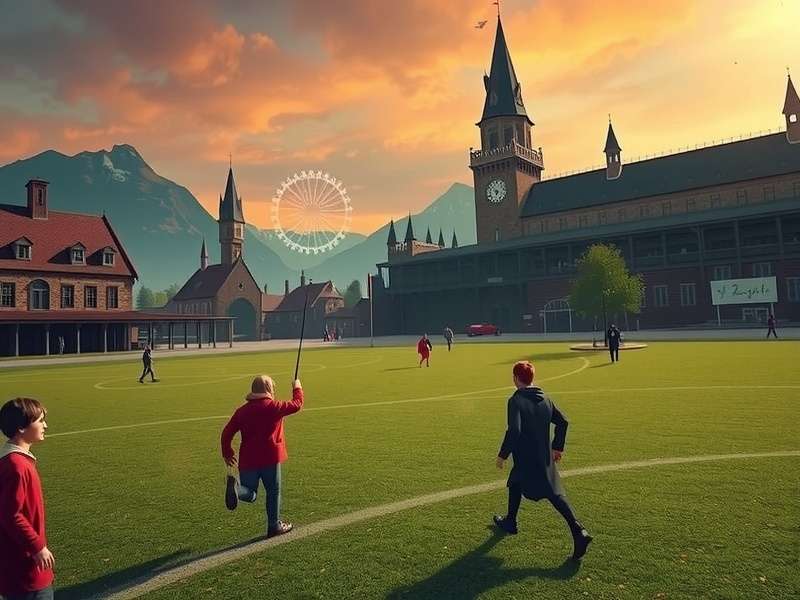 Quidditch pitch with golden snitch and brooms in action