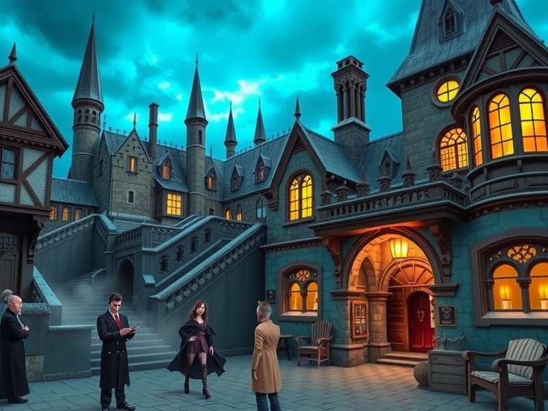 Hogwarts Legacy gameplay screenshot showing a wizard exploring the castle grounds with a wand